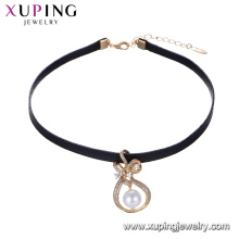 44242 Beautiful women jewelry special design bowknot shape pearl bezel setting pendant leather choker nacklace